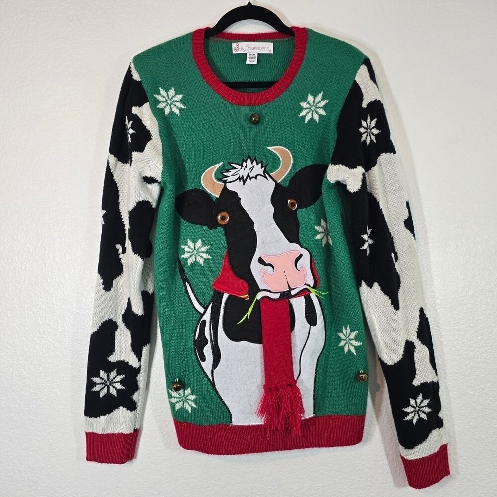 Jolly Sweaters Ugly Christmas Sweater Women Medium Pullover Cow Acrylic Party